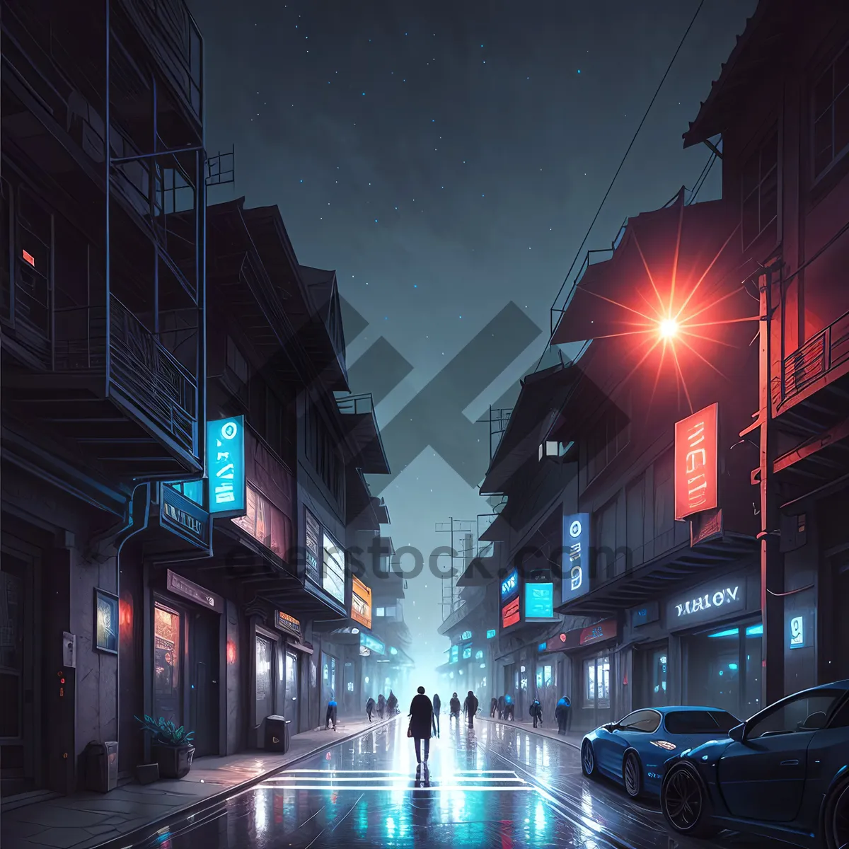 Picture of Night Cityscape with Urban Intersection and Bright Lights.