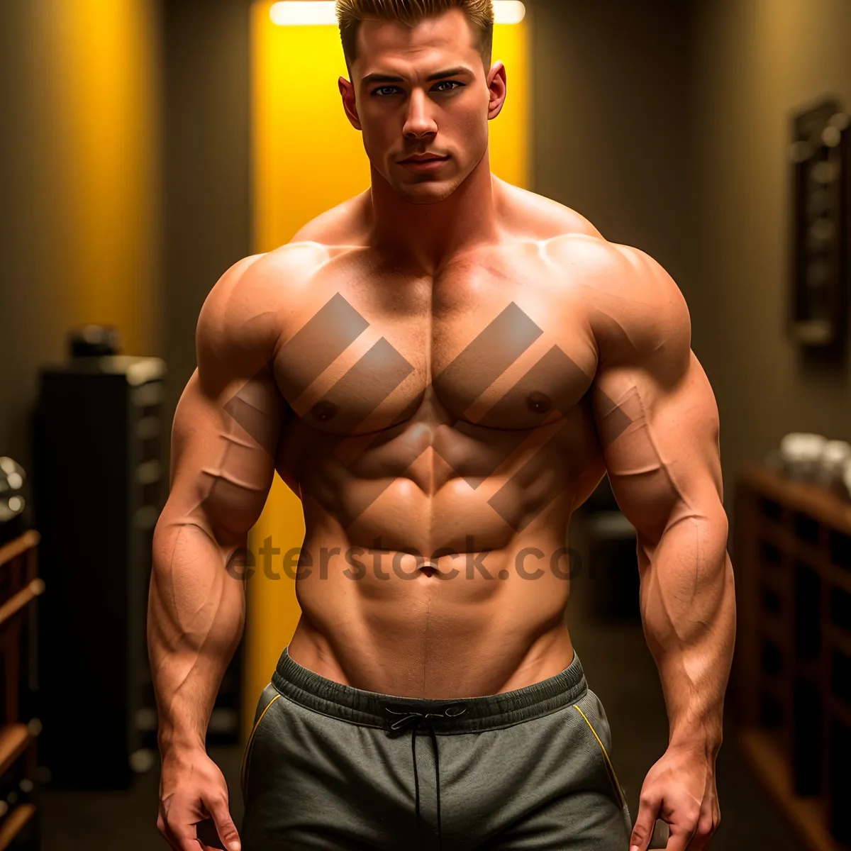 Picture of Muscled Fitness Model Posing Shirtless in Gym