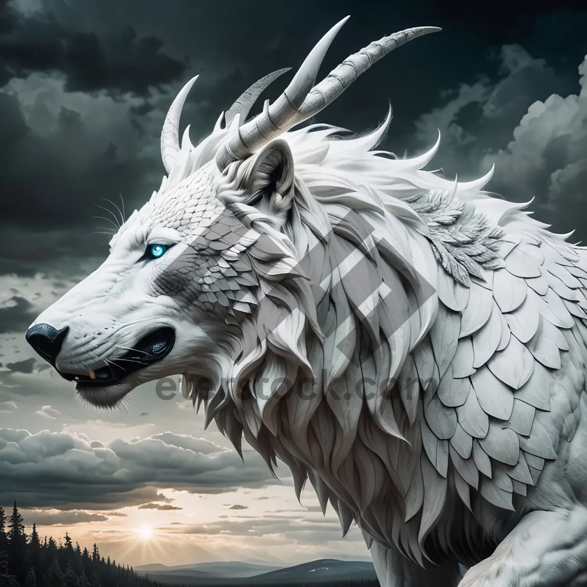 Picture of White wolf head close up portrait wildlife animal.