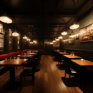 Modern restaurant interior with sleek furniture and structure.