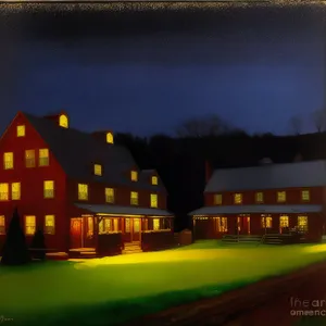 Cityscape under Night Sky with Building, House, and Tree