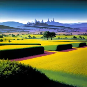 Golden Horizon: Countryside Road amidst Rolling Meadows