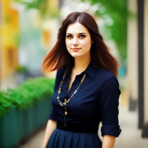 Attractive brunette lady smiling outdoors in a park.