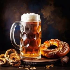 Morning coffee in glass cup with pretzel