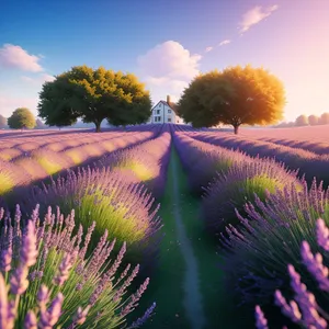 Serene Countryside Skyline with Blooming Lavender Fields