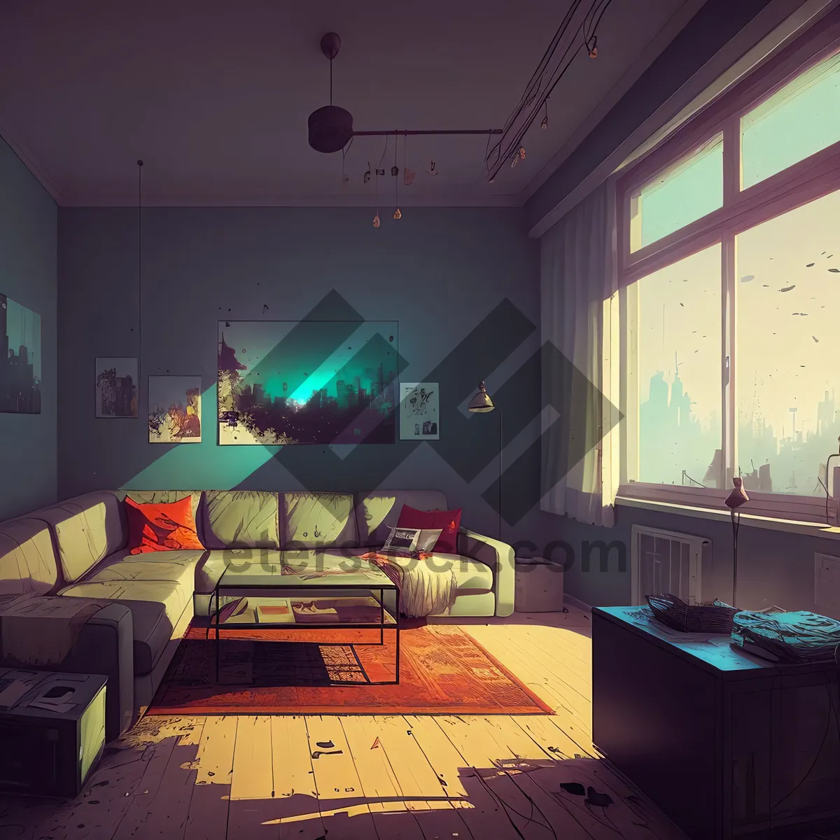 Picture of Modern Bedroom Interior with Cozy Furniture and Natural Light