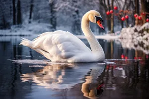 Graceful pelican gliding on calm lake waters