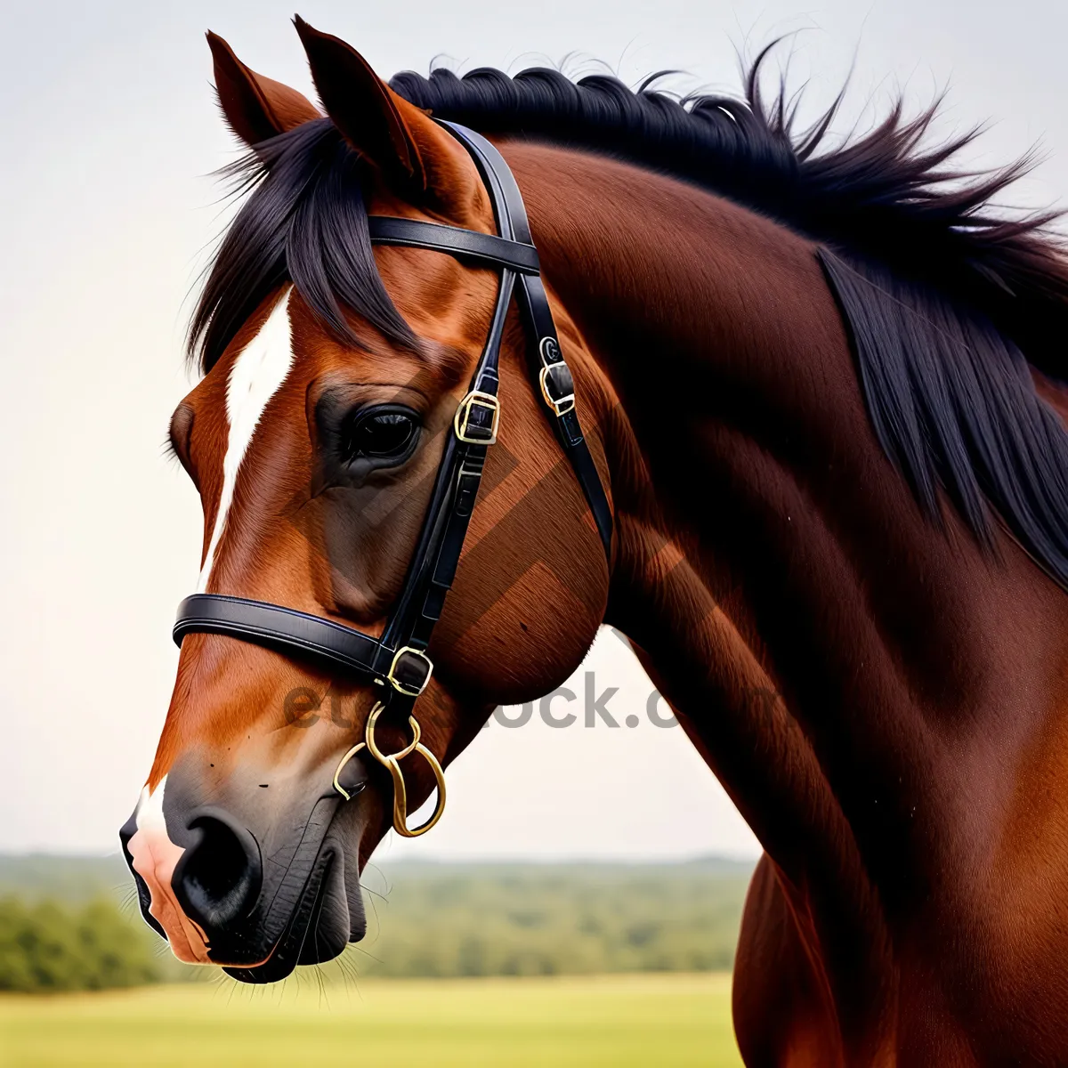 Picture of Beautiful Brown Stallion in Bridle, Ready for Riding