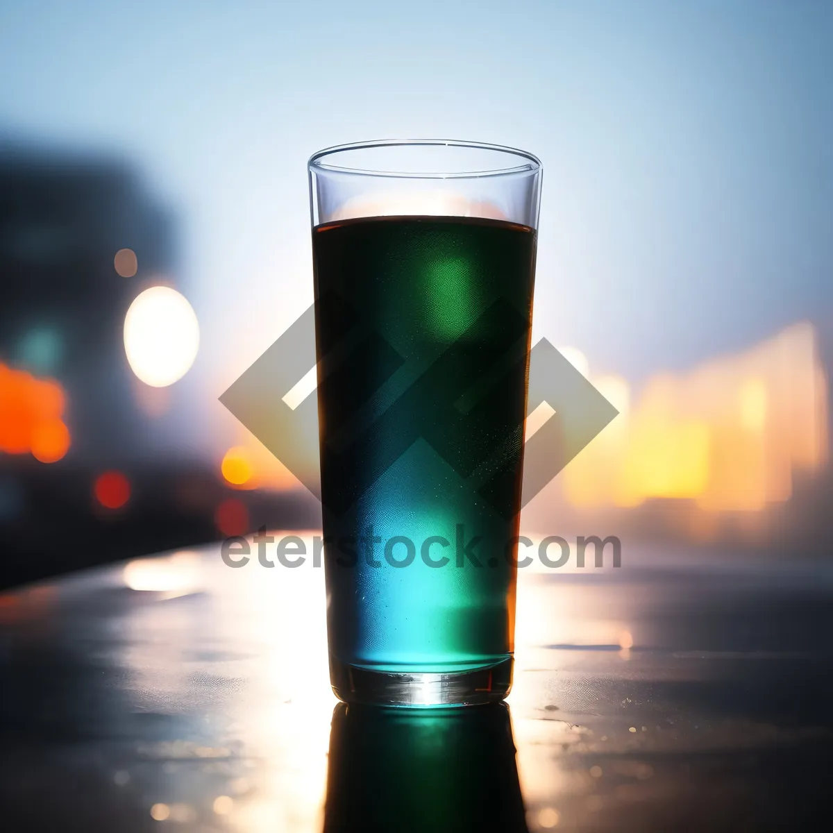 Picture of Golden beer glass on restaurant table at party.