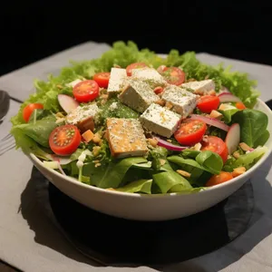 Fresh vegetable salad with cheese and tomato slices.