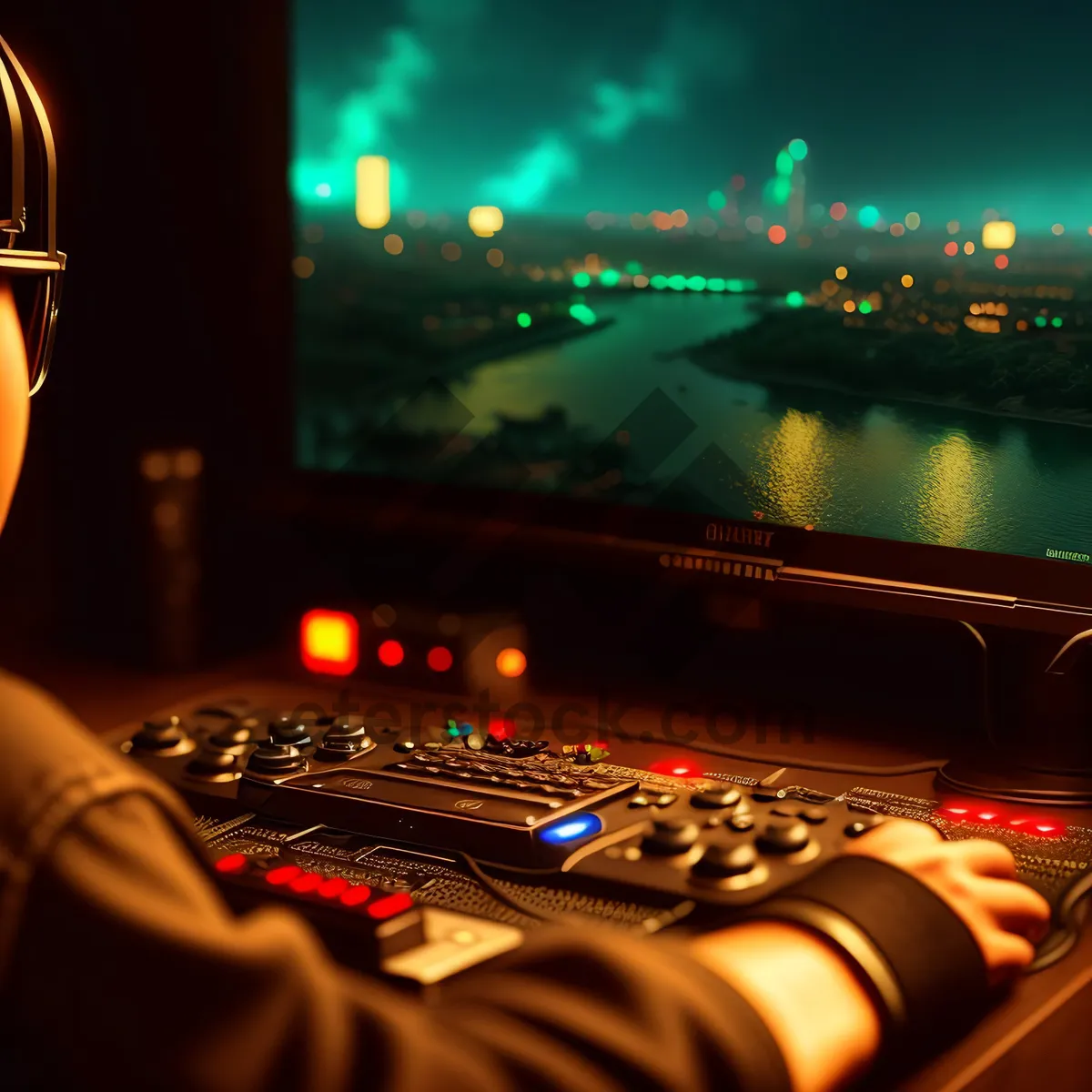 Picture of Nighttime Digital Theater Crowd Cheering in 3D Stadium