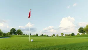 Golfer practicing under colorful flag in sunny landscape.