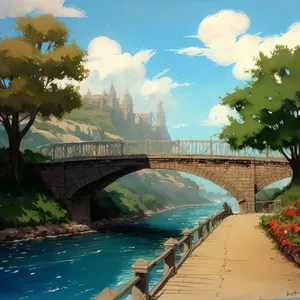 Serene River Landscape with Steel Arch Bridge