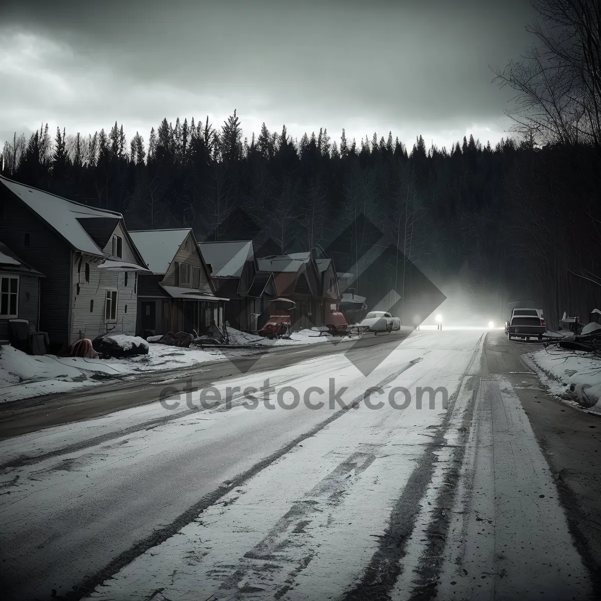 Picture of Winter Wonderland: Snow-covered road with snowplow in a snowy forest.