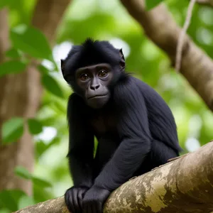 Primates playing in the wild jungle sanctuary.