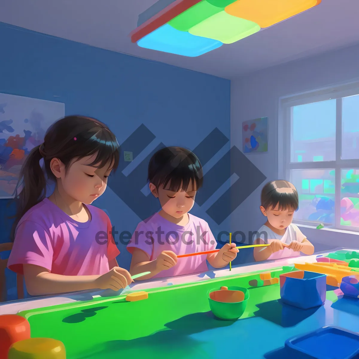 Picture of Happy classroom of students and teacher working together at desks.