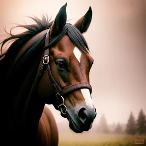 Thoroughbred Stallion with Brown Mane in Rural Meadow