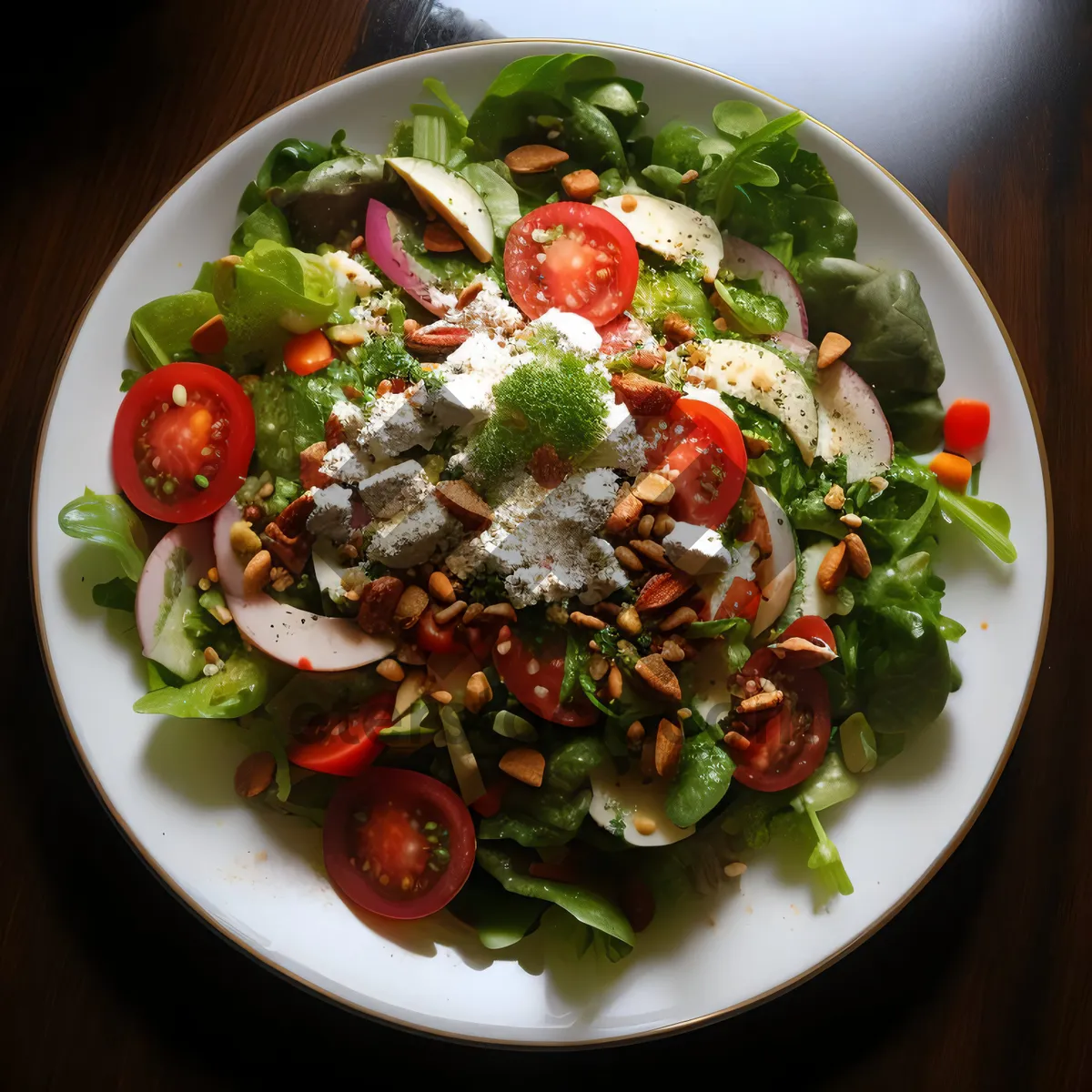 Picture of Delicious Veggie Plate with Fresh Salad and Meat