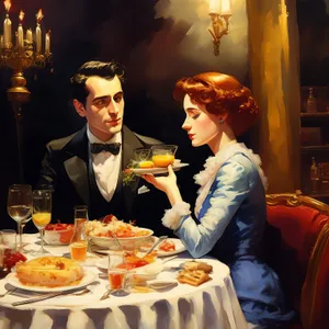 Happy couple enjoying dinner at restaurant table.
