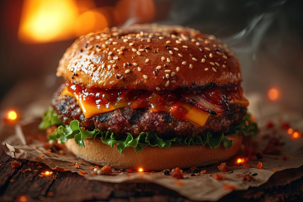 Picture of Gourmet grilled cheeseburger with fresh salad meal