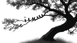 Summer Forest Silhouette with Floral Oak Tree Branches