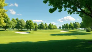 Scenic golf course with flag under clear sky