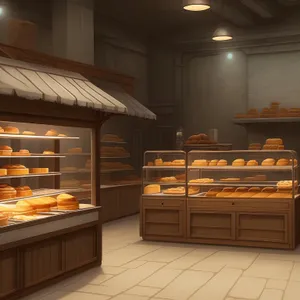 Modern Bakery Shop Interior with Wood-Finished Counter