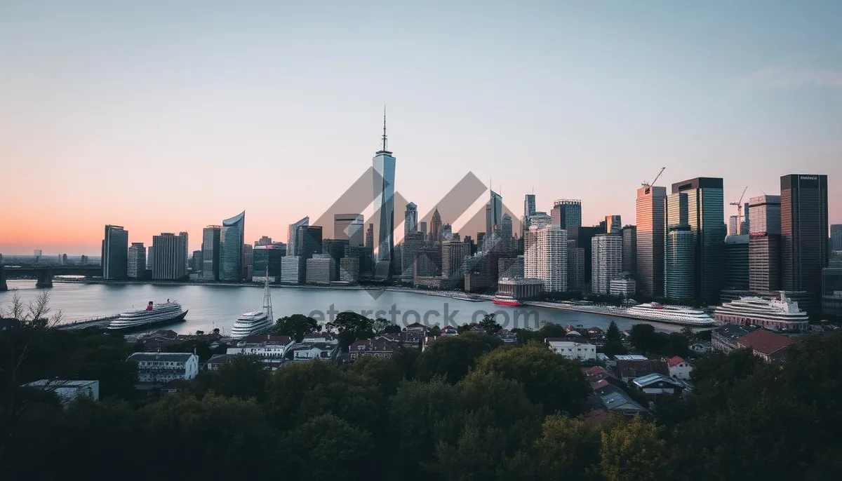 Picture of City Skyline with Modern Office Buildings at Sunset