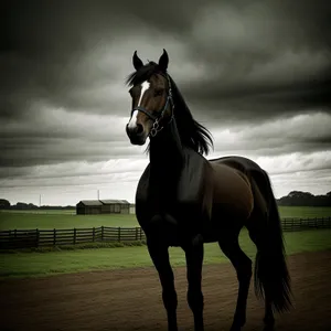 Thoroughbred stallion grazing peacefully in the meadow.