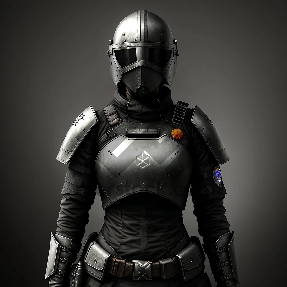 Picture of Male warrior donning protective helmet and breastplate