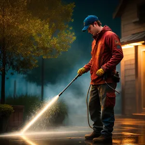 Outdoor Man Cleaning Fountain with Fire Extinguisher