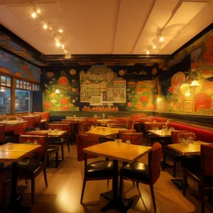 Modern luxury restaurant interior design with wooden furniture.