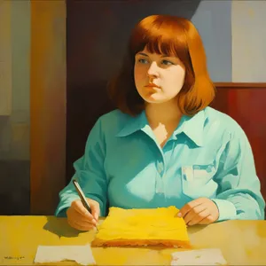 Happy woman sitting at desk in a domestic setting