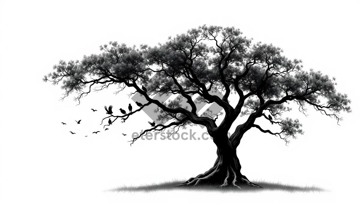 Picture of Silhouette of oak tree in forest landscape.
