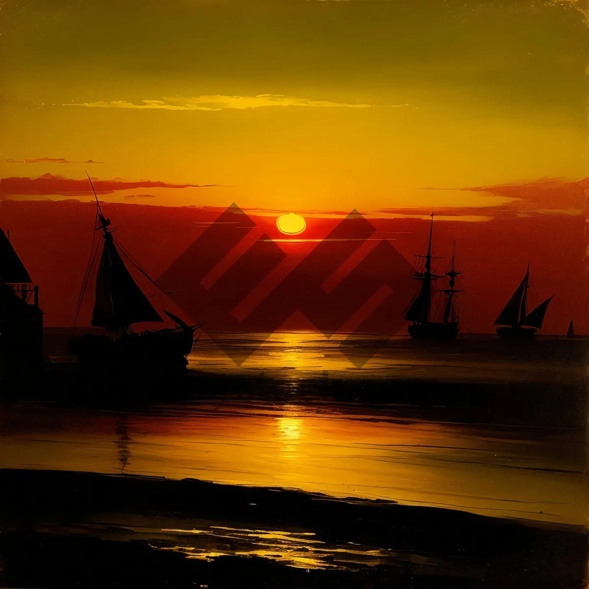 Picture of Tropical sunset silhouette over calm ocean waves.