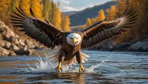 Flying bald eagle over the water.