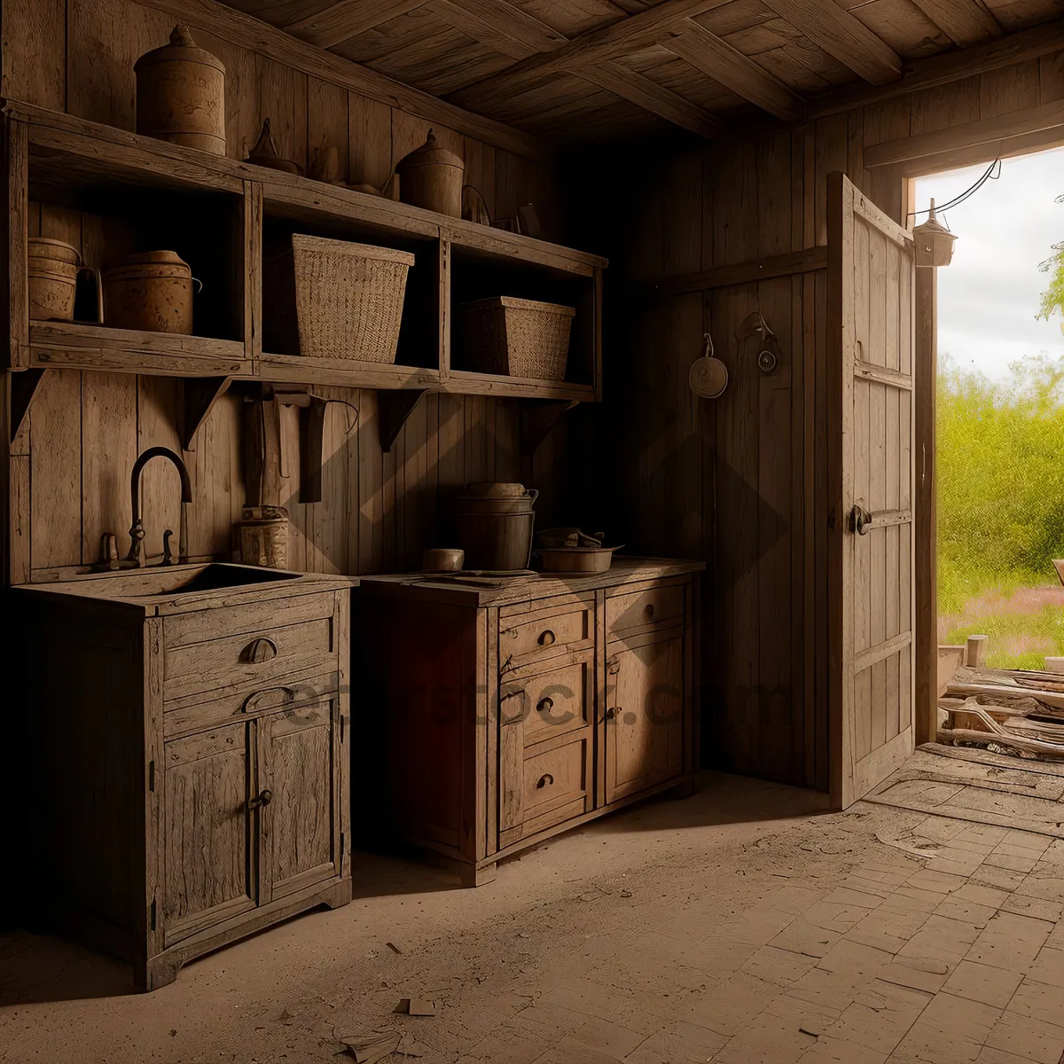 Picture of Vintage Wooden Crate in Rustic Kitchen