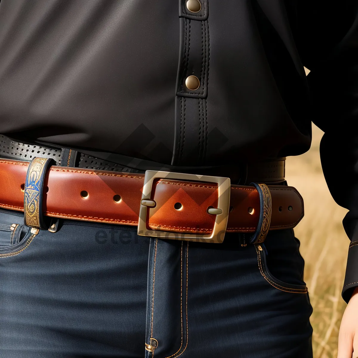 Picture of Leather Jeans with Buckle Fastener and Pocket.