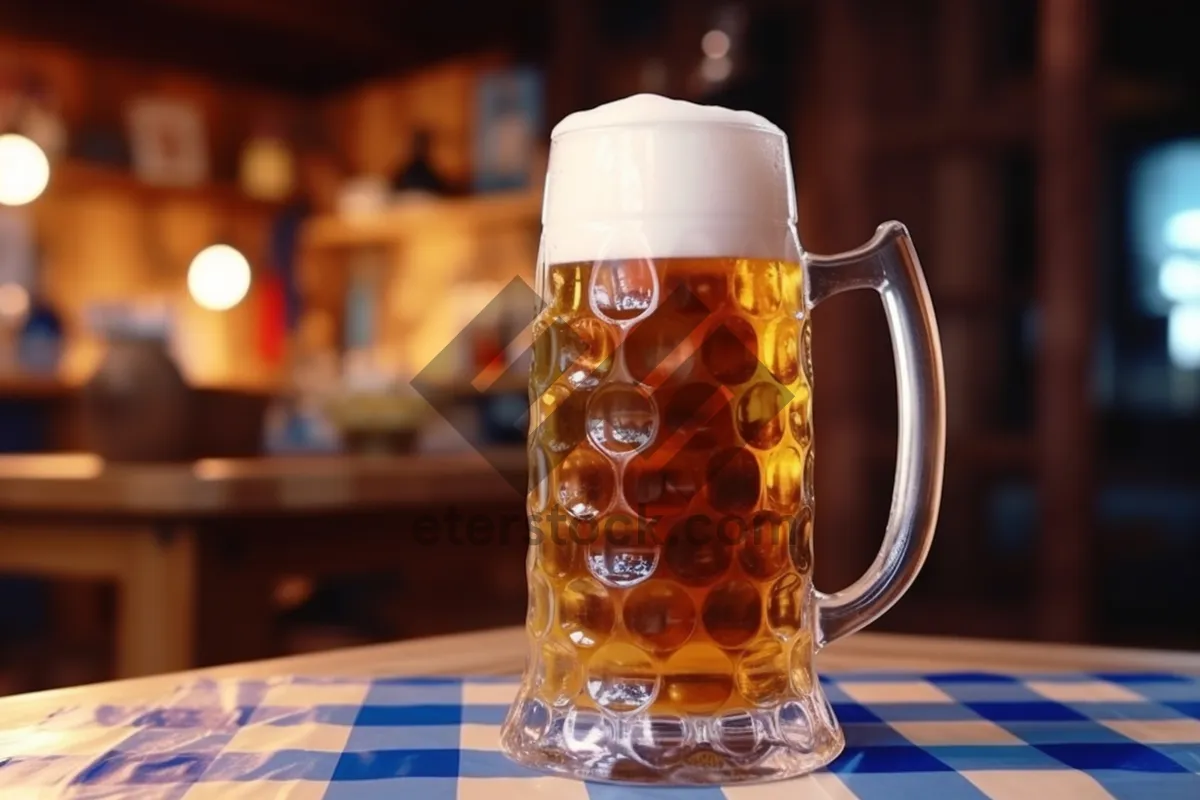 Picture of Golden Beer Mug with Frothy Bubbles Close-up.