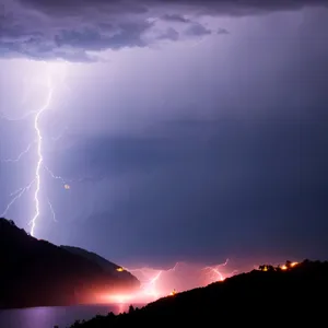 Captivating Celestial Sky: Mountain Sunset with Lightning