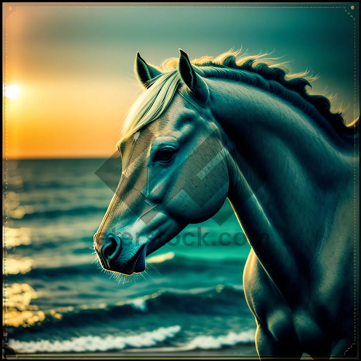 Picture of Graceful Thoroughbred Stallion Galloping by the Ocean