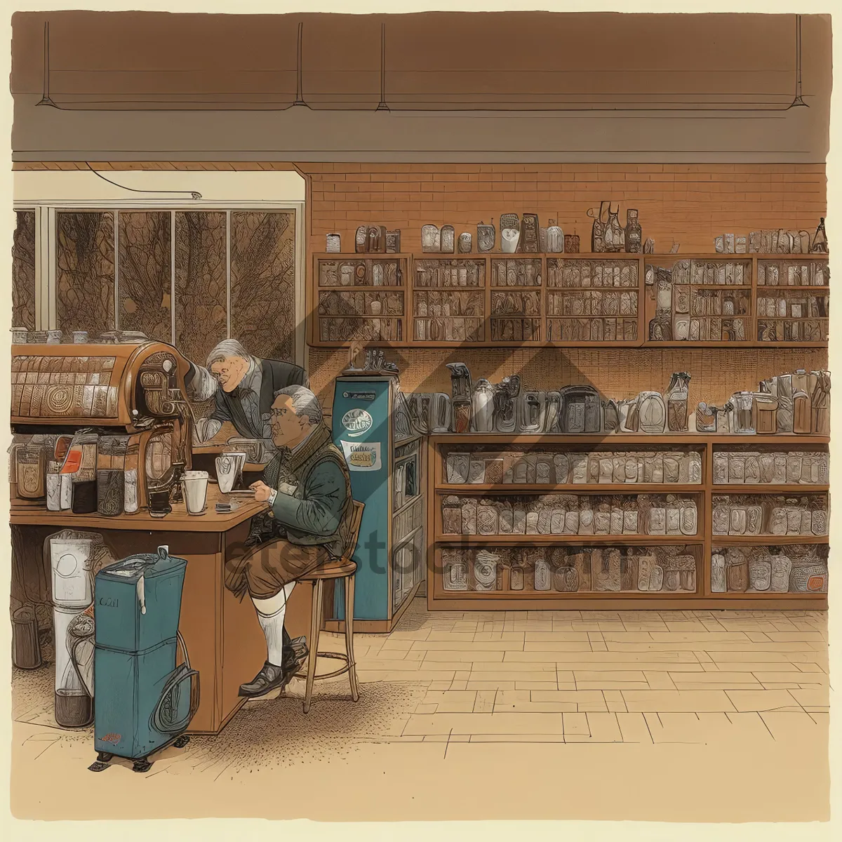 Picture of Wooden library classroom with table, chairs, and counter.