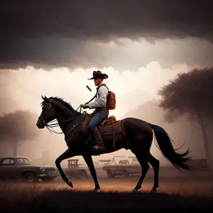 Sunset Ride: Majestic Stallion with Cowboy and Saddle