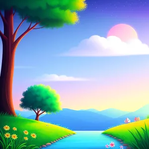 Vibrant Summer Sky: Artistic Tree Design in Serene Landscape