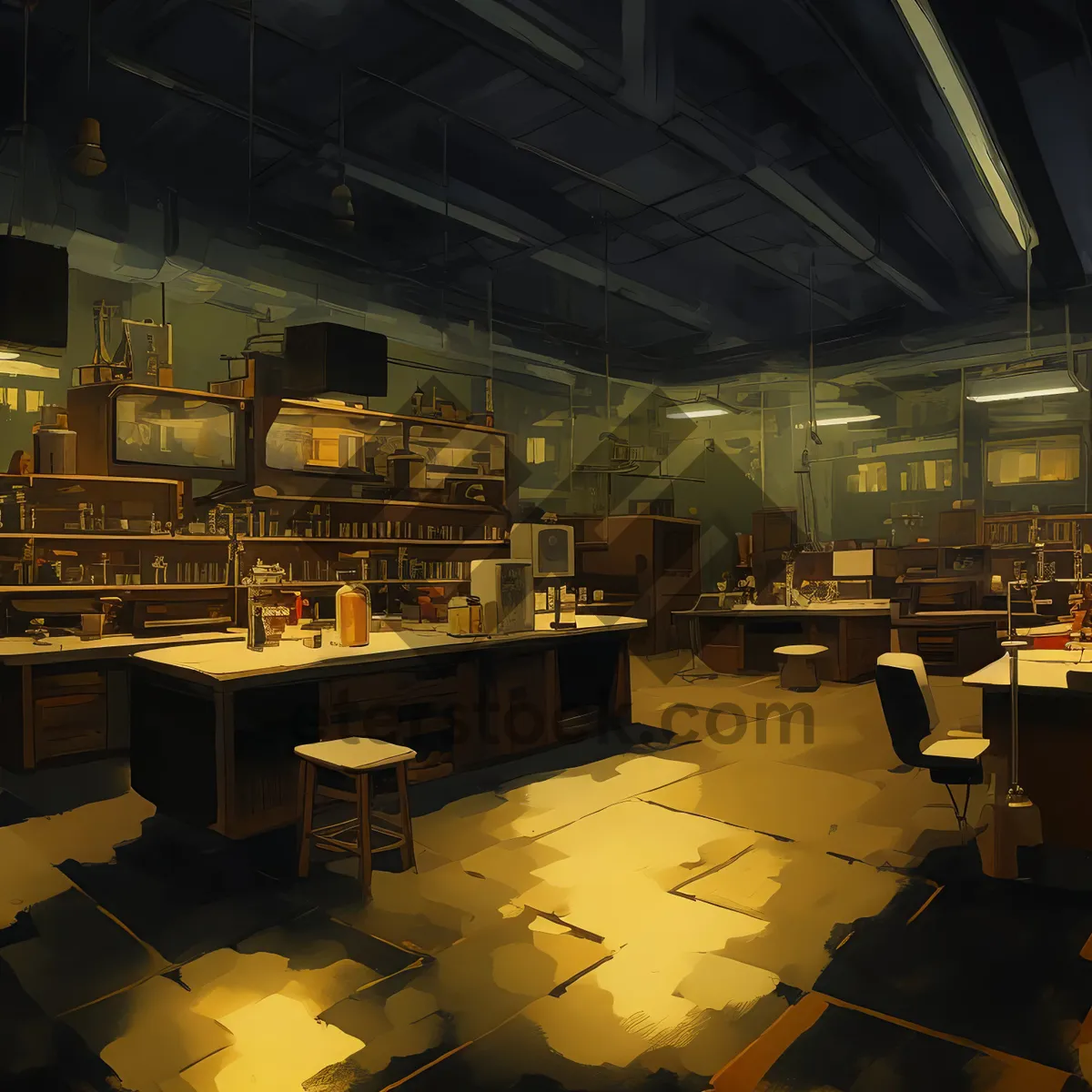 Picture of Modern restaurant interior with wooden chairs and tables