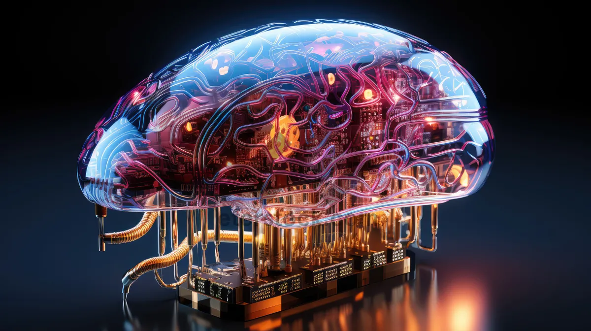 Picture of Sci-fi concept. The central computer processor in the form of an artificial brain microchip as the main element of the artificial intelligence system is installed on the motherboard of the supercomputer