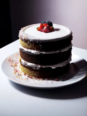 Delicious Fruit Cake with Chocolate Sauce and Fresh Berries