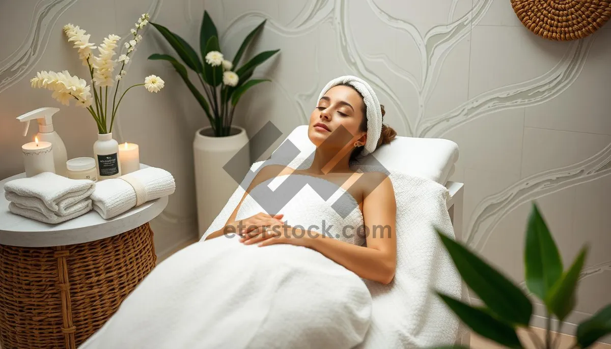 Picture of Happy bride in white dress sitting on bed