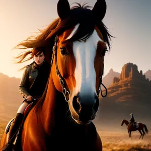 Saddle Sunset: Majestic thoroughbred stallion galloping towards the horizon.