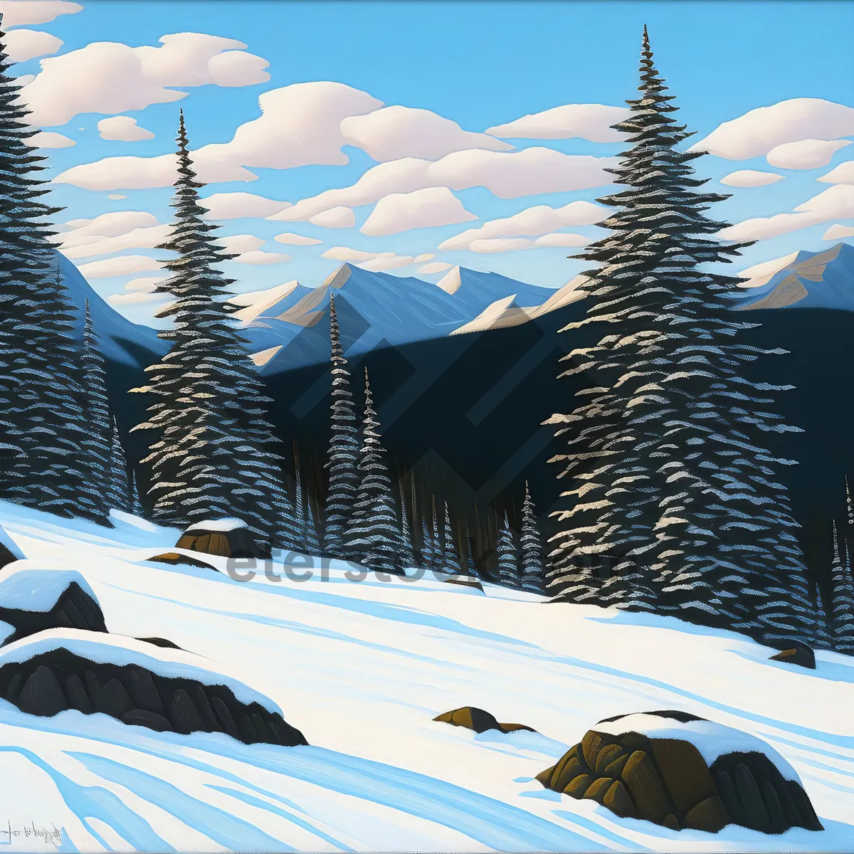 Picture of Winter temple against mountain backdrop in canvas tent